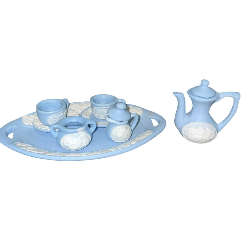 Miniature Blue & White‎ Jasperware Style Tea Set on Tray Dollhouse Collectible